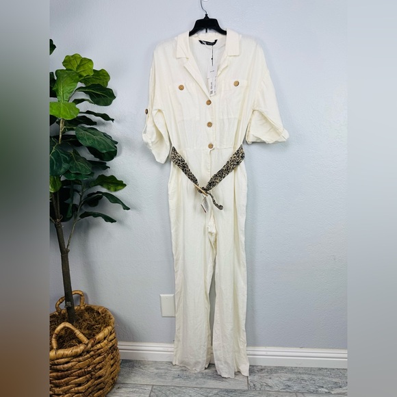 NWT Zara Cream White Linen Jumpsuit Woven Belted Mid Sleeve Romper Size Medium - Picture 2 of 11